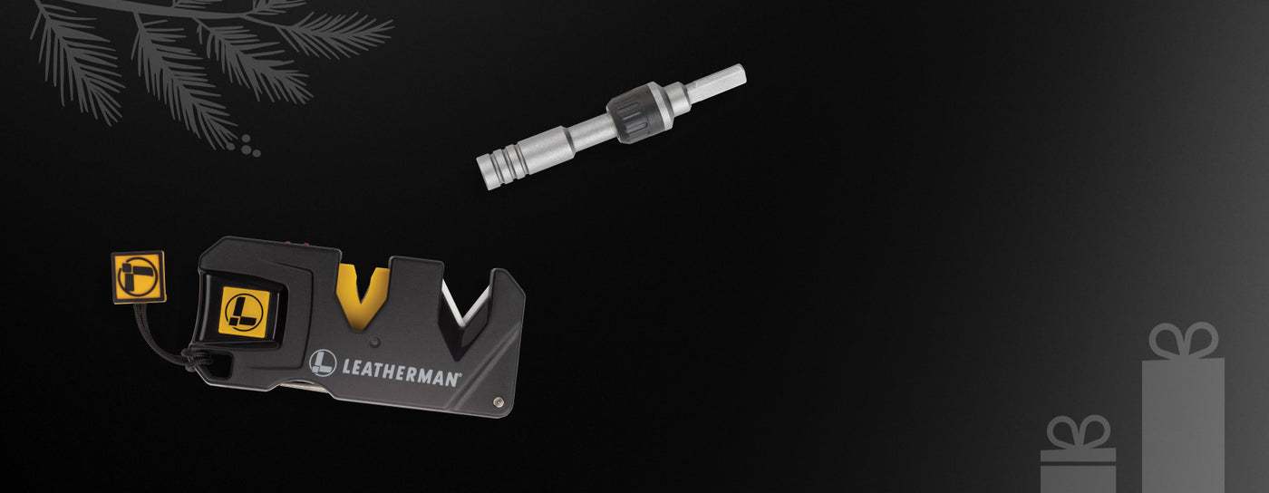 Translation missing: en.A black background featuring A Leatherman Blade Sharpener and ratchet driver