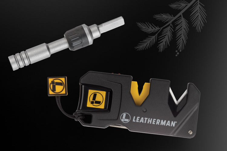 Translation missing: en.A black background featuring A Leatherman Blade Sharpener and ratchet driver
