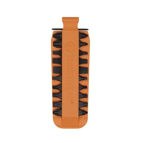 Translation missing: de.Orange Leatherman bit kit holder with multiple interchangeable screwdriver bits arranged on both sides, featuring the Leatherman logo embossed in the center