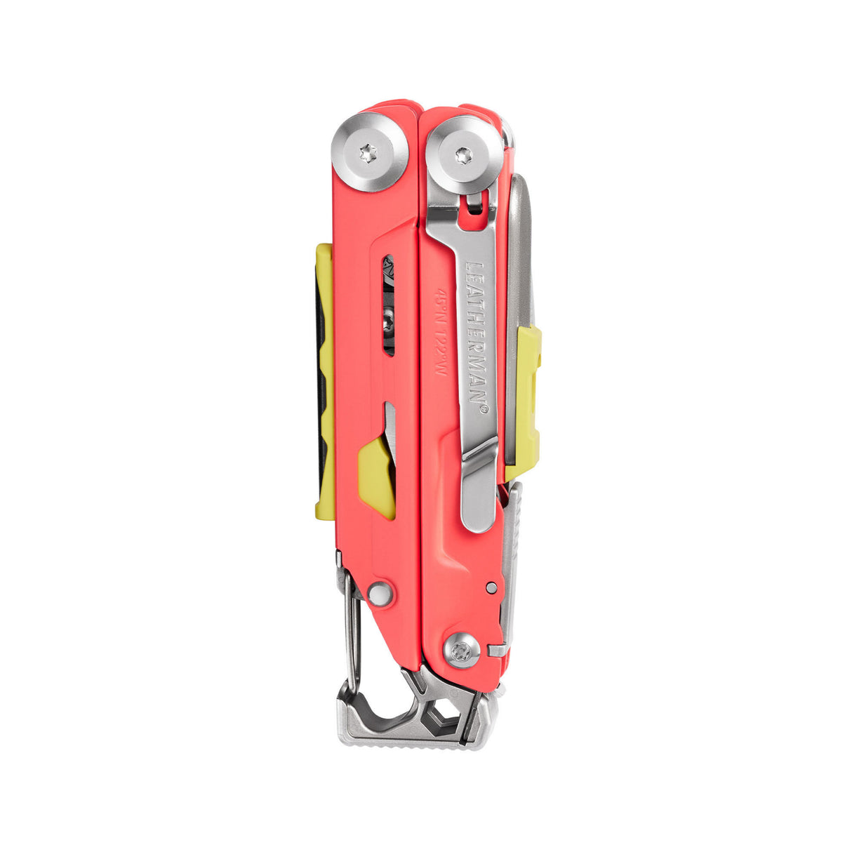 Translation missing: en.Guava Leatherman Signal showing stainless steel implements on the bright cerakote handles showing the pocket clip