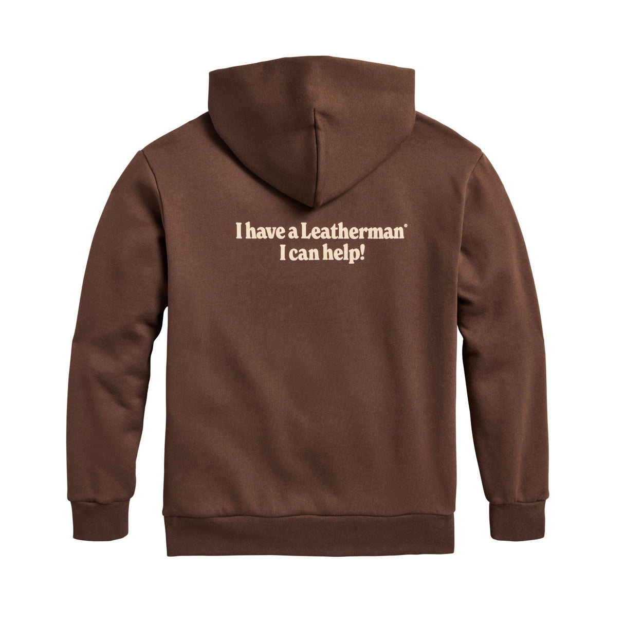 Translation missing: de.Back of the brown Mr. Wave Hoodie with the slogan "I have a Leatherman, I can help!"