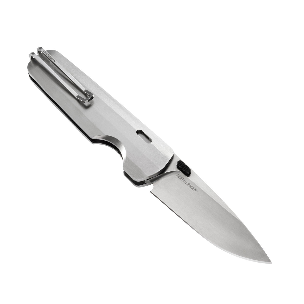 Translation missing: de.Leatherman Blazer Stainless Steel folding knife shown open at an angle with a brushed metal handle, deep-carry pocket clip, and stainless steel blade, displayed on a white background