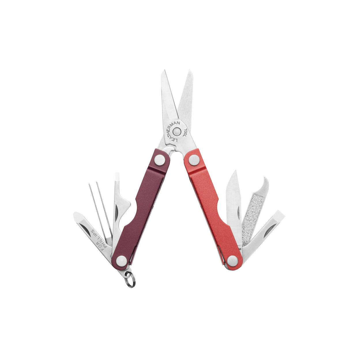 Translation missing: it.An open Leatherman Micra multi-tool in a Mulled Wine colorway, featuring stainless steel scissors and various tools including tweezers, a nail file, knife, and flathead screwdriver