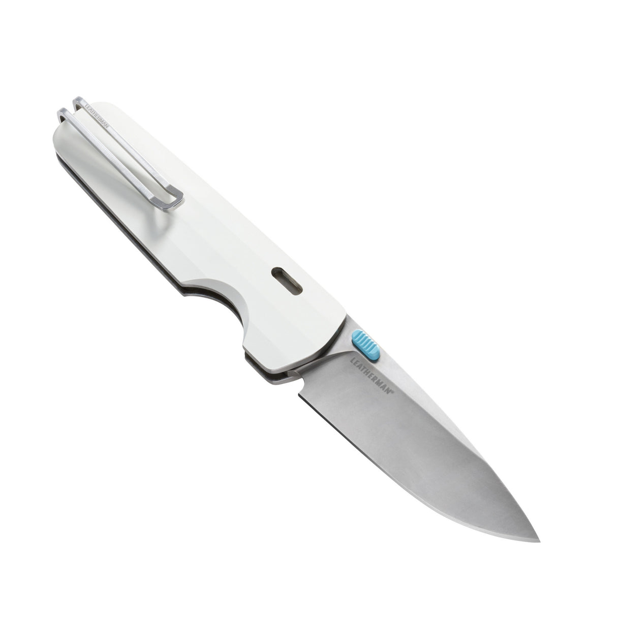 Translation missing: fr.Leatherman Blazer Alpine folding knife shown open at an angle with a white handle, stainless steel blade, and deep-carry pocket clip, displayed on a white background