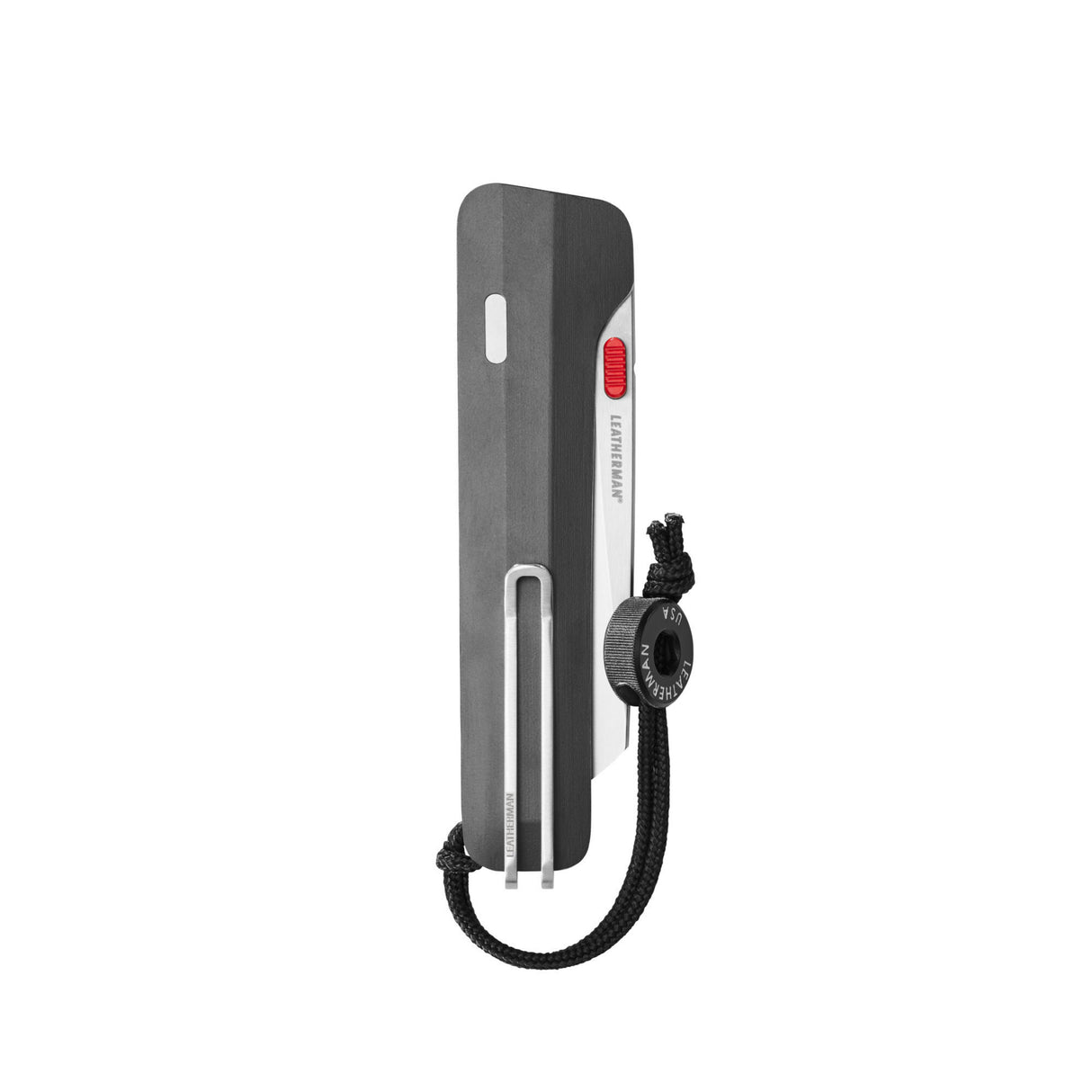 Translation missing: de.Leatherman Glider folding knife in closed position with a Jet Black textured handle, red thumb stud partially visible, and a stainless steel deep-carry pocket clip, shown on a white background