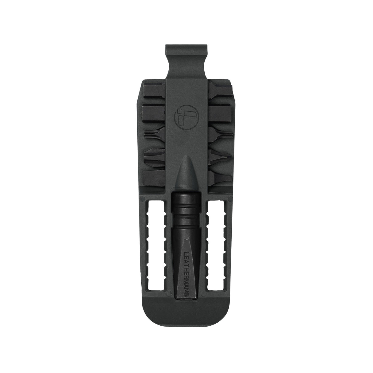 Translation missing: fr.A black Leatherman Removable Bit Driver with an assortment of double-ended bits neatly organized in a compact holder. The bits are arranged in two vertical rows, with the driver centered at the bottom. The Leatherman logo is embossed above the driver