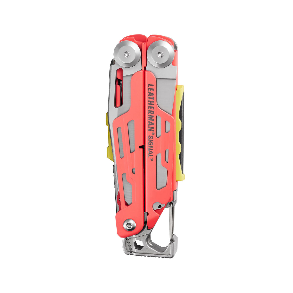 Translation missing: en.Guava Leatherman Signal showing off its bright cerakote color and yellow accessories