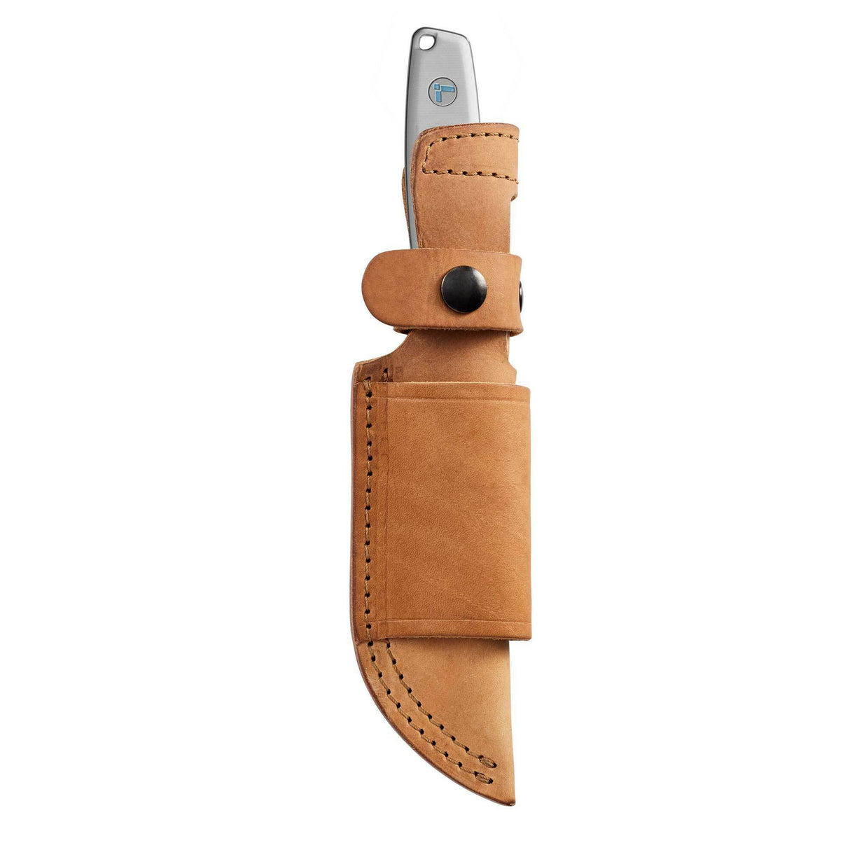 Translation missing: en.Leatherman Trac Alpine fixed-blade knife sheathed in a tan leather belt sheath with black snap closures, displayed on a white background