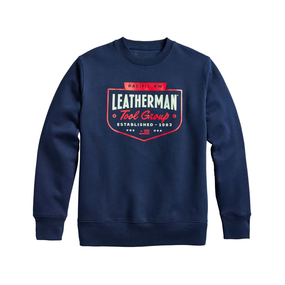 Translation missing: nl.Navy crewneck with the Leatherman Pacific Northwest logo. Established 1983