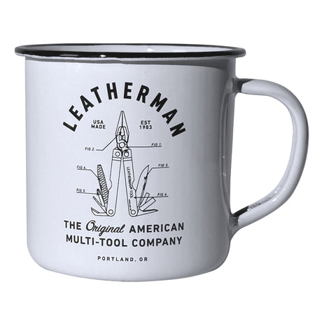 Translation missing: fr.A white enamel Leatherman Retropot Mug with a black rim, featuring a vintage-style illustration of a multi-tool labeled with component figures
