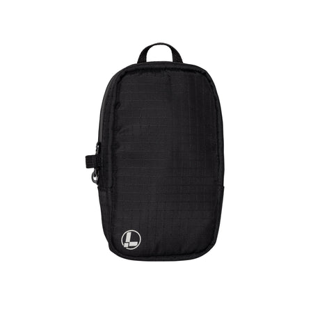 Translation missing: nl.A Leatherman Tool Pouch in a Black color, featuring a minimalist rectangular design with a grid-patterned fabric texture, a black top loop for carrying, and a side zipper with a pull tab. The pouch is adorned with a subtle Leatherman logo in the lower left corner