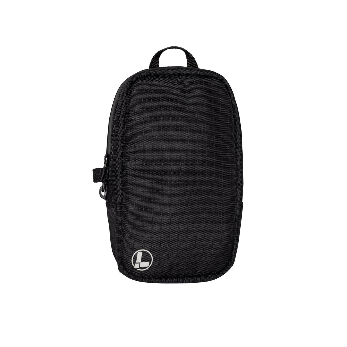 Translation missing: de.A Leatherman Tool Pouch in a Black color, featuring a minimalist rectangular design with a grid-patterned fabric texture, a black top loop for carrying, and a side zipper with a pull tab. The pouch is adorned with a subtle Leatherman logo in the lower left corner