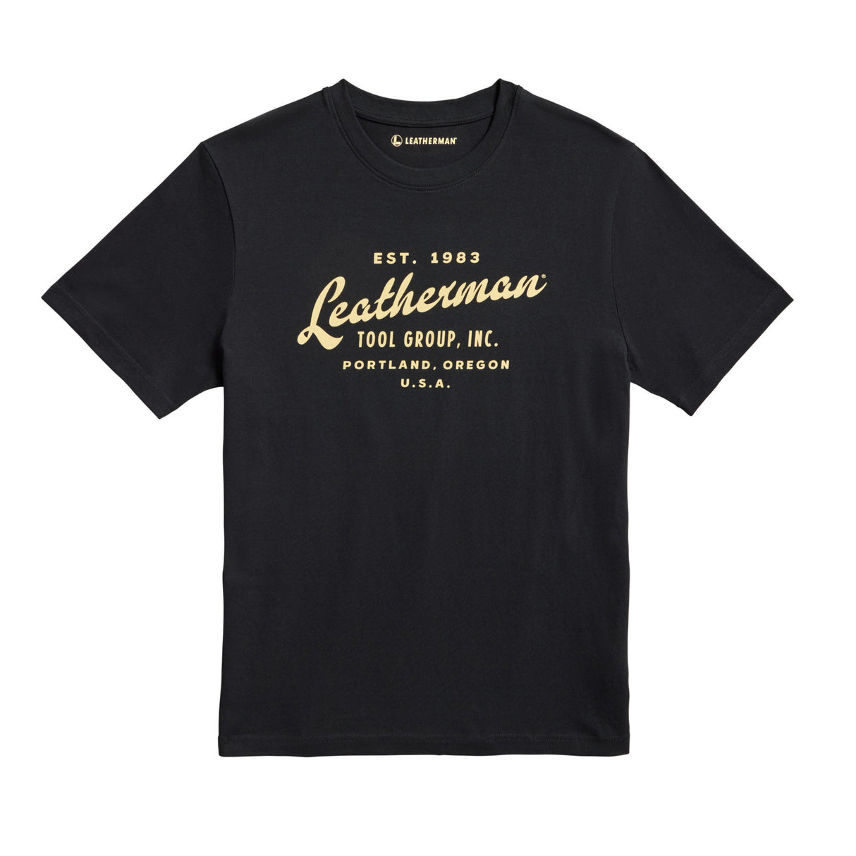 Translation missing: es.Front of the black Leatherman Vintage tee showcasing 'Leatherman' in a cursive font. Established 1983 in Portland, Oregon USA