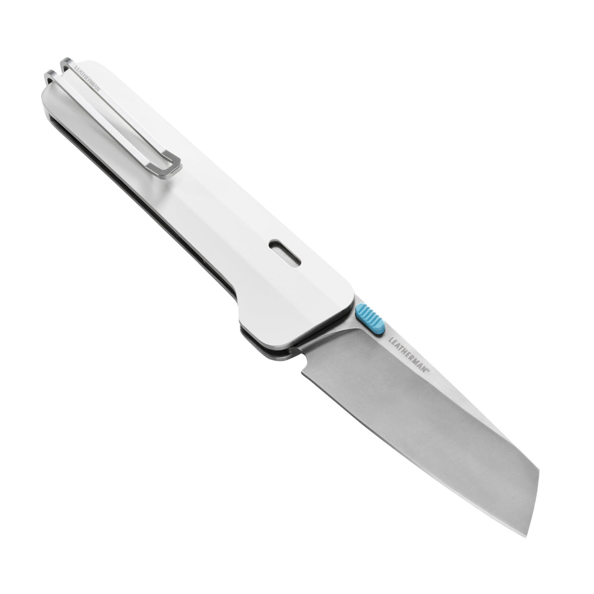 Translation missing: de.Leatherman Glider folding knife with alpine textured handle, stainless steel blade, and light blue thumb stud, shown open on a white background