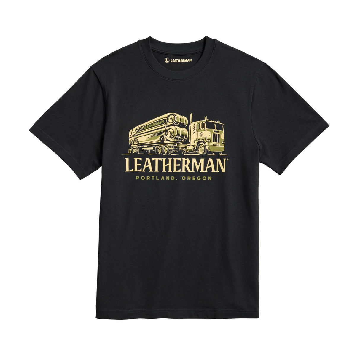 Translation missing: es.Black Leatherman Timber Tee depicting a timber truck hauling a massive Leatherman multitool on the trailer