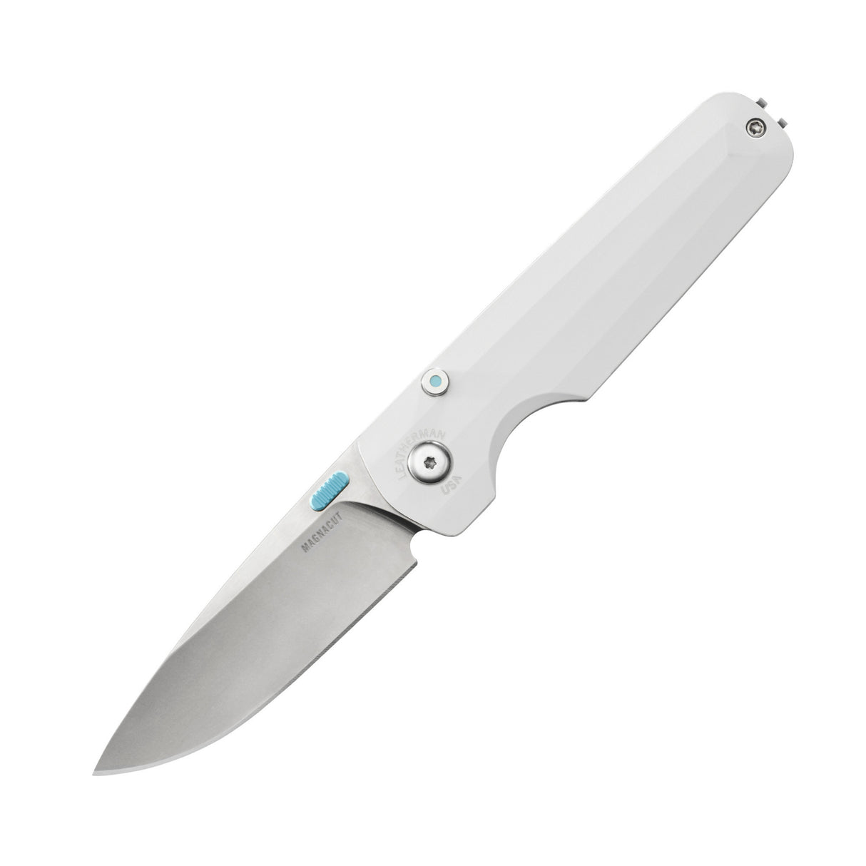 Translation missing: fr.Leatherman Blazer Alpine folding knife shown open with a white handle, stainless steel blade, and visible pivot hardware, displayed on a white background