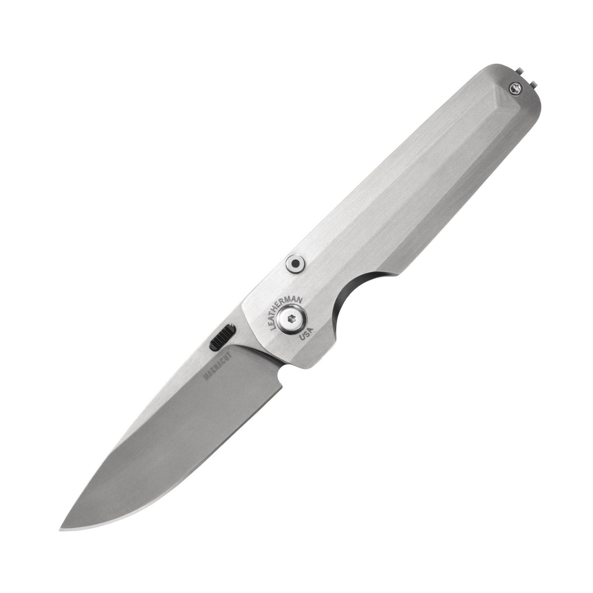 Translation missing: de.Leatherman Blazer Stainless Steel folding knife shown open with a brushed metal handle, stainless steel blade, and visible pivot hardware, displayed on a white background