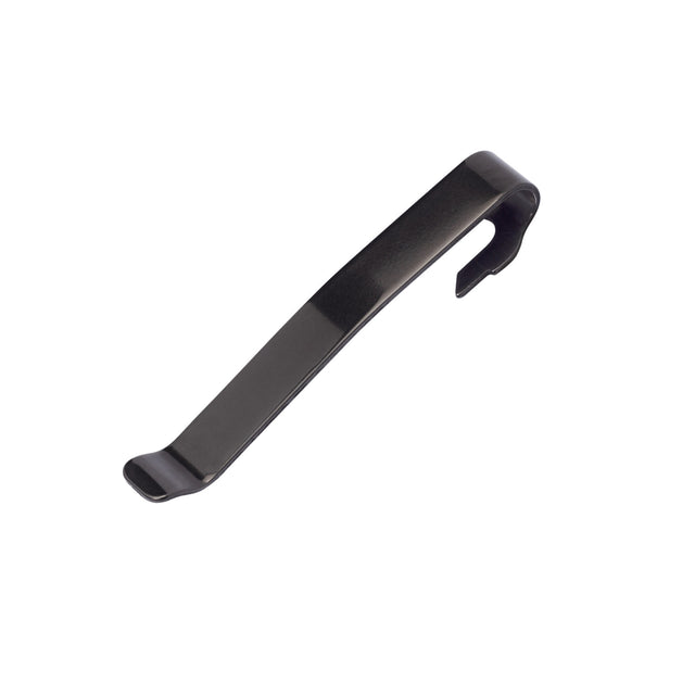 Translation missing: fr.Front side of the Black Leatherman Quick-Release Pocket Clip showing the flat engravable surface