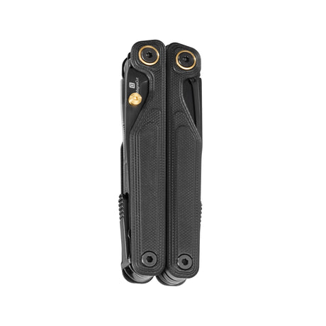 Translation missing: fr.Leatherman Wave® Alpha Obsidian multi-tool folded closed, showcasing sleek black handles with gold hardware accents