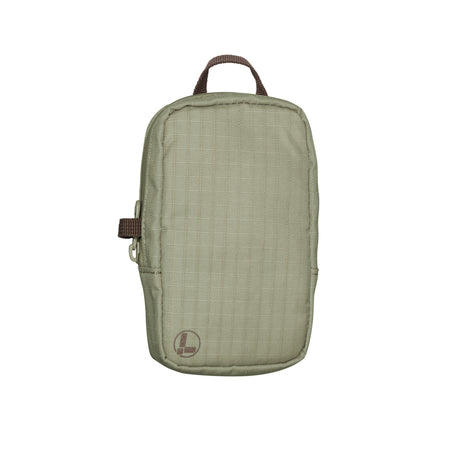 Translation missing: fr.A Leatherman Tool Pouch in a Mossy Fog color, featuring a minimalist rectangular design with a grid-patterned fabric texture, a brown top loop for carrying, and a side zipper with a pull tab. The pouch is adorned with a subtle Leatherman logo in the lower left corner