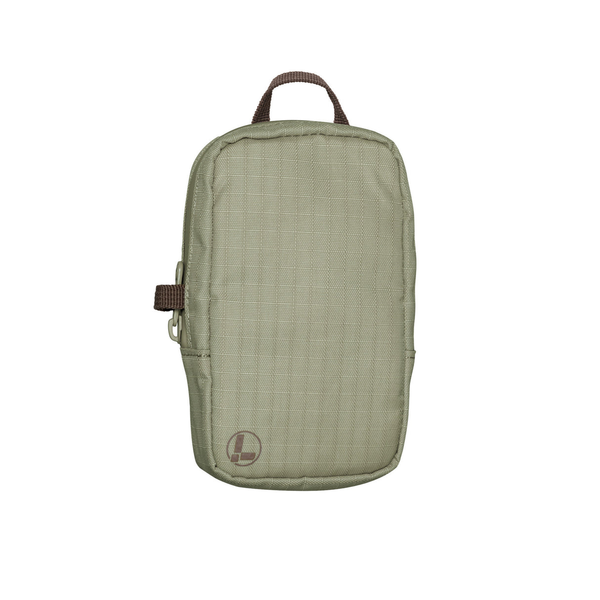 Translation missing: es.A Leatherman Tool Pouch in a Mossy Fog color, featuring a minimalist rectangular design with a grid-patterned fabric texture, a brown top loop for carrying, and a side zipper with a pull tab. The pouch is adorned with a subtle Leatherman logo in the lower left corner