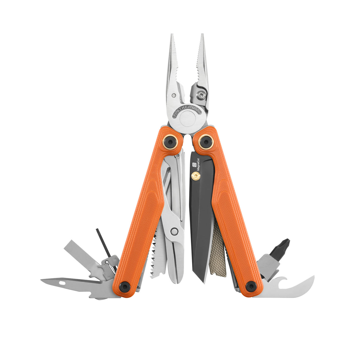 Translation missing: de.Leatherman Wave® Alpha Canyonland multi-tool fully opened with pliers, knife, saw, file, and bit driver extended