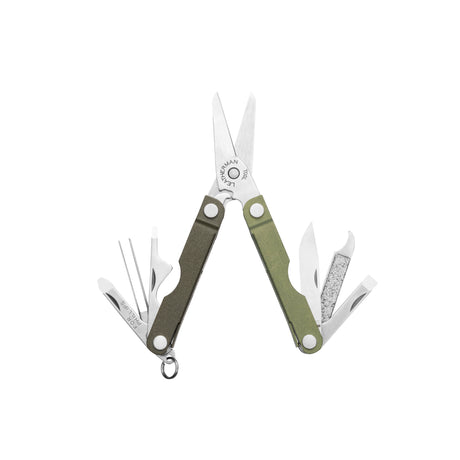 Translation missing: de.A Spruce colored Leatherman Micra multi-tool shown fully opened, displaying its scissors, knife, nail file, tweezers, bottle opener, and flathead screwdriver