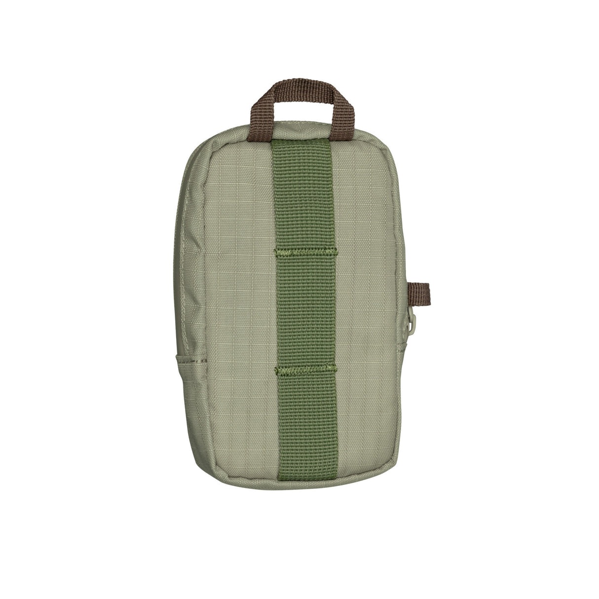 Translation missing: nl.Rear view of a Leatherman Tool Pouch in a Mossy Fog color, showcasing its durable, textured grid-patterned fabric, a brown carry loop at the top, and a vertical green MOLLE-compatible strap stitched securely down the center for versatile attachment options