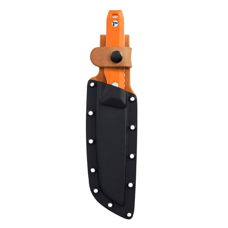 Translation missing: fr.Leatherman Orange pop Pioneer knife resting in Black and Brown leather sheath in white background
