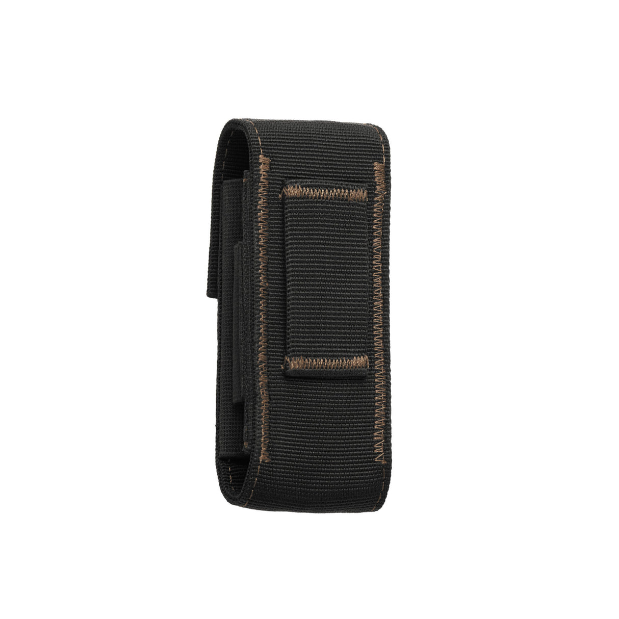 Translation missing: de.Back view of a black and bronze nylon Leatherman sheath with reinforced brown stitching and a horizontal belt loop sewn onto the rear for secure attachment. The sheath has a rugged, utilitarian design intended to hold and carry a multi-tool