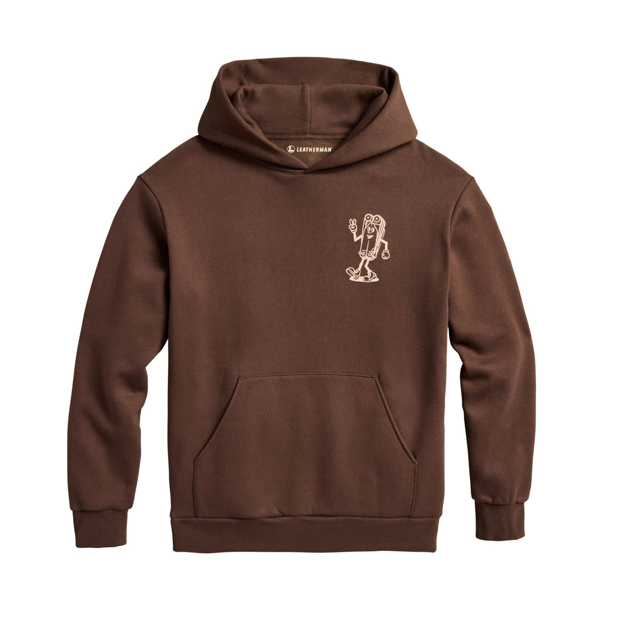 Translation missing: de.Front of the brown Mr Wave pullover hoodie showing a small mascot designed like the leatherman Wave