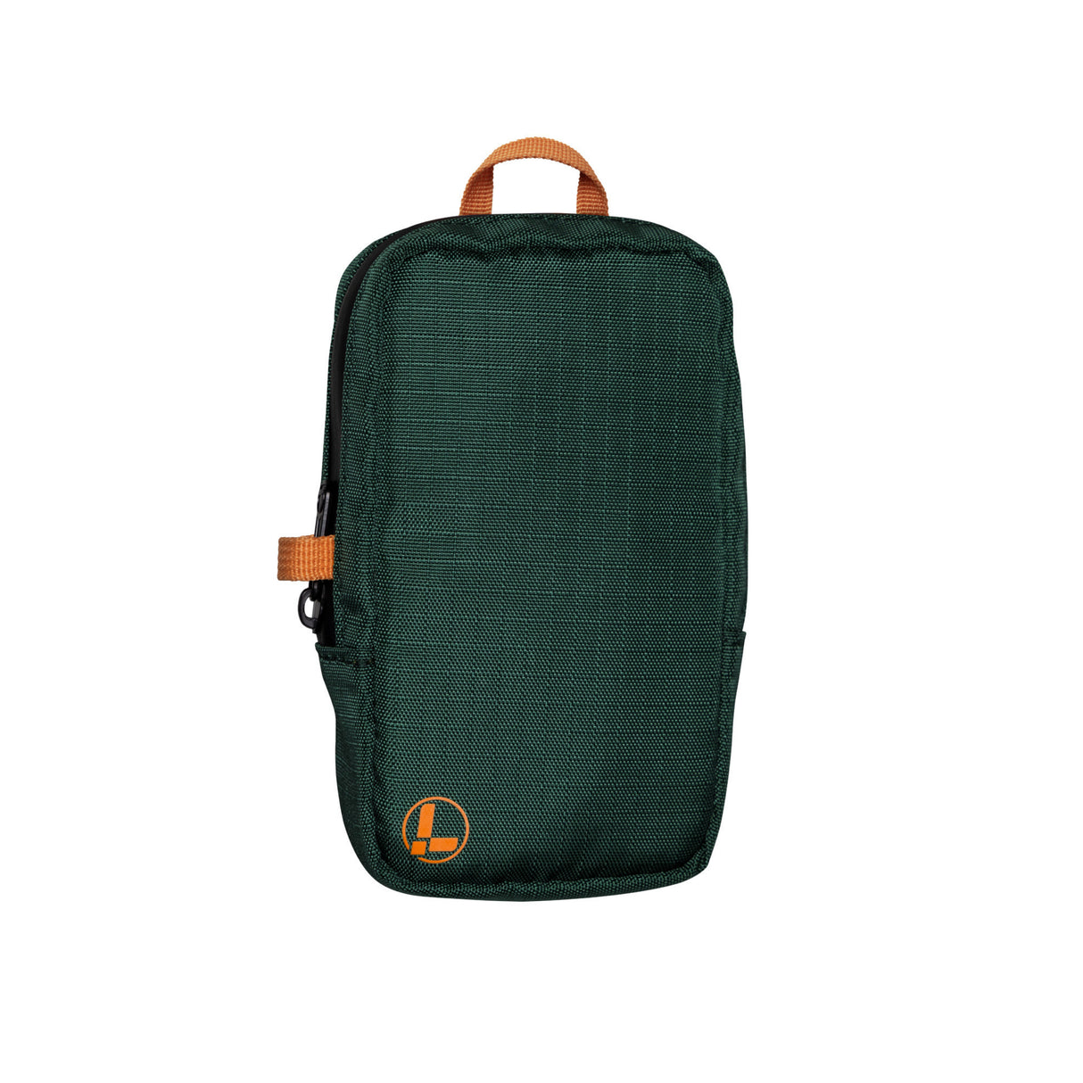 Translation missing: de.A Leatherman Tool Pouch in Hunter color, featuring a deep green fabric with an orange top handle and accent loop, and the Leatherman logo printed in orange near the bottom corner