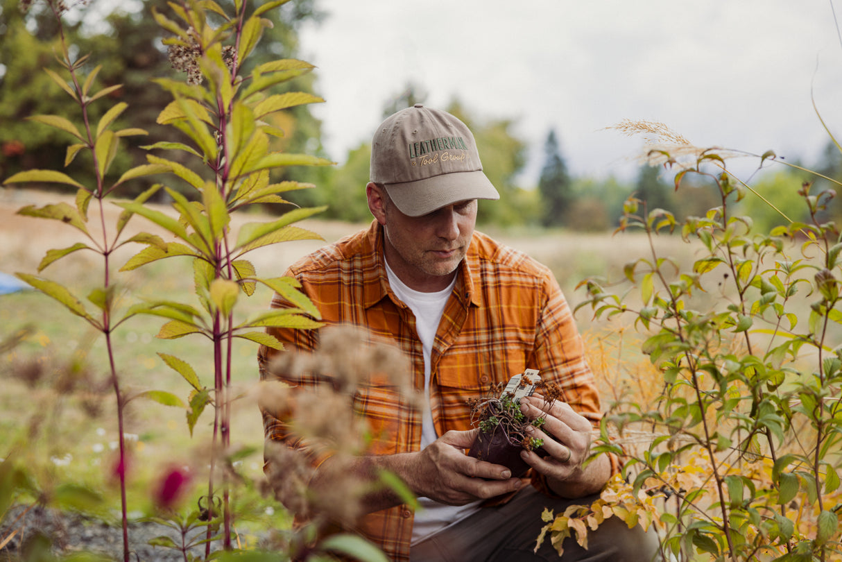 Translation missing: es.A man in a driftwood colored Leatherman Dad Hat inspecting a newly purchased plant before planting
