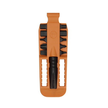 Translation missing: fr.Orange Leatherman bit kit holder with multiple interchangeable screwdriver black bits arranged on both sides, and an extender, featuring the Leatherman logo embossed in the center
