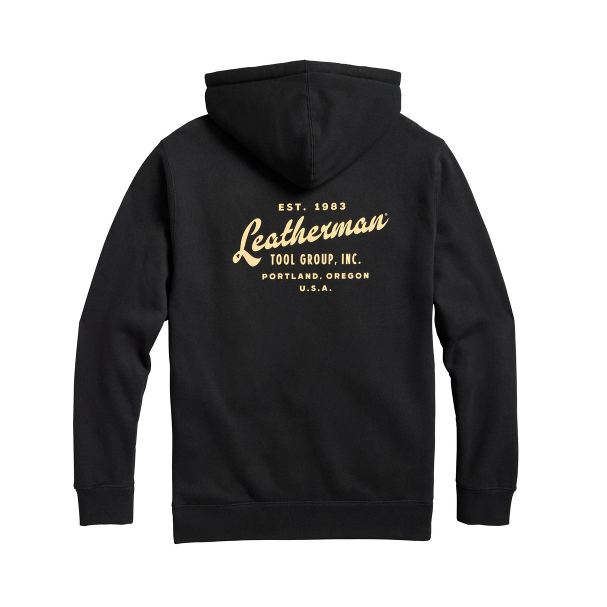 Translation missing: de.Back of the black Leatherman Vintage hoodie. "Leatherman" is in a cursive font. Established 1983