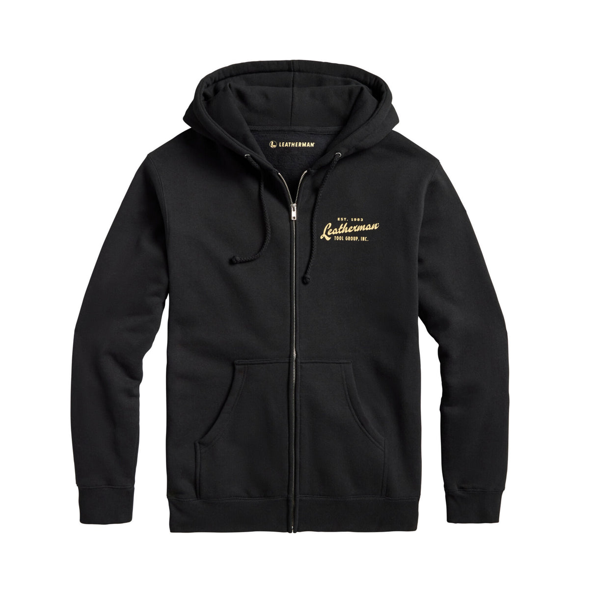 Translation missing: de.Front of the Leatherman vintage hoodie with the cursive Leatherman logo. Established 1983