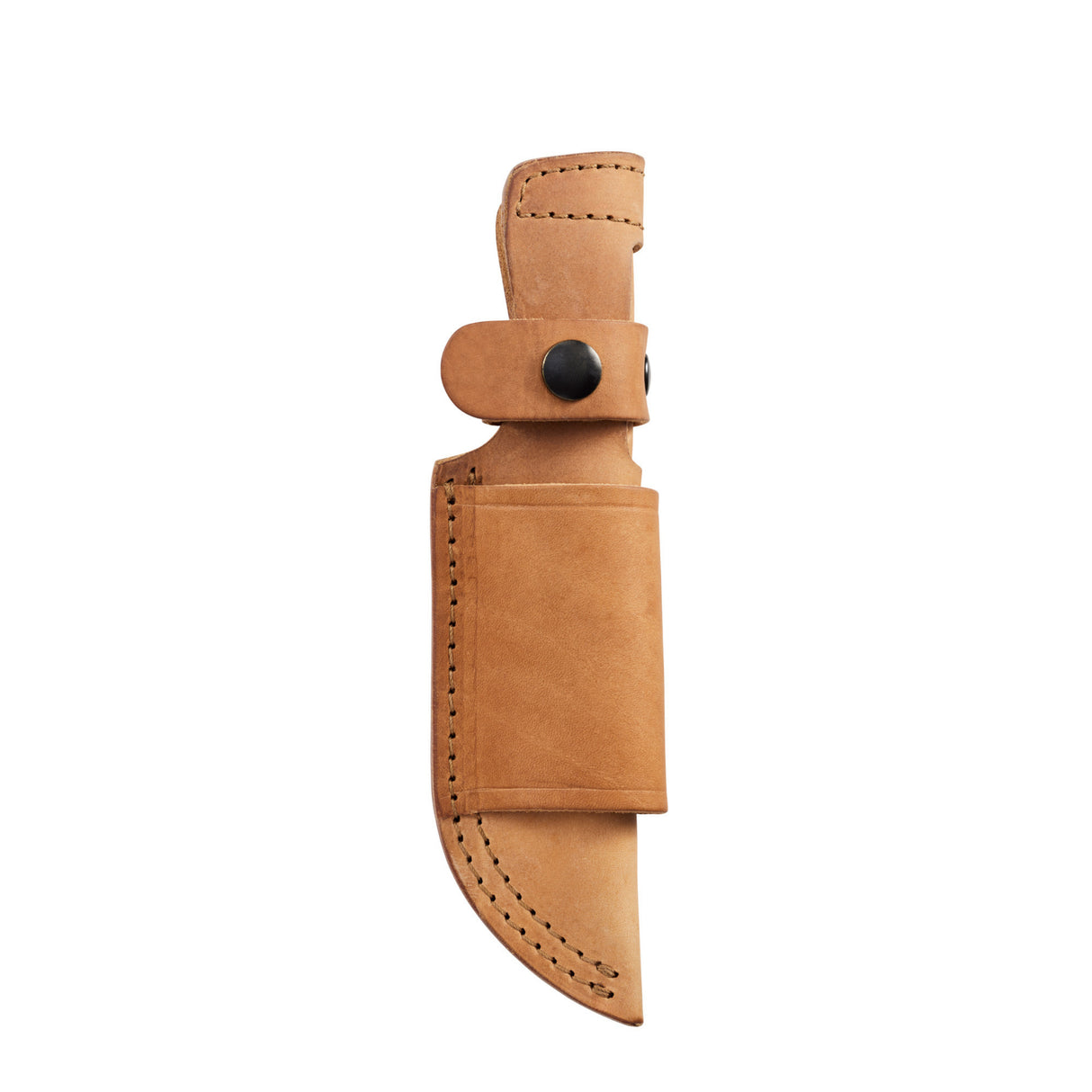 Translation missing: en.Tan leather belt sheath with black snap closures and reinforced stitching, designed to securely hold a fixed-blade knife, displayed on a white background