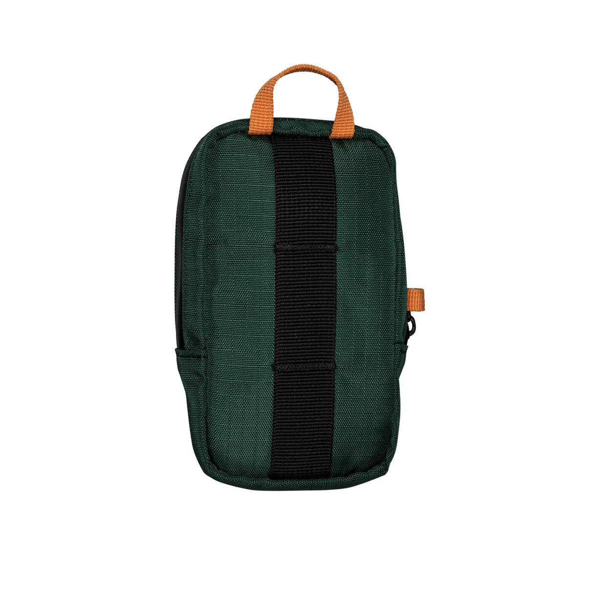 Translation missing: de.Rear view of a Leatherman Tool Pouch in Hunter color, featuring a dark green fabric body with a black vertical webbing strap, an orange top handle, and a side accent loop for versatile carrying or attachment options