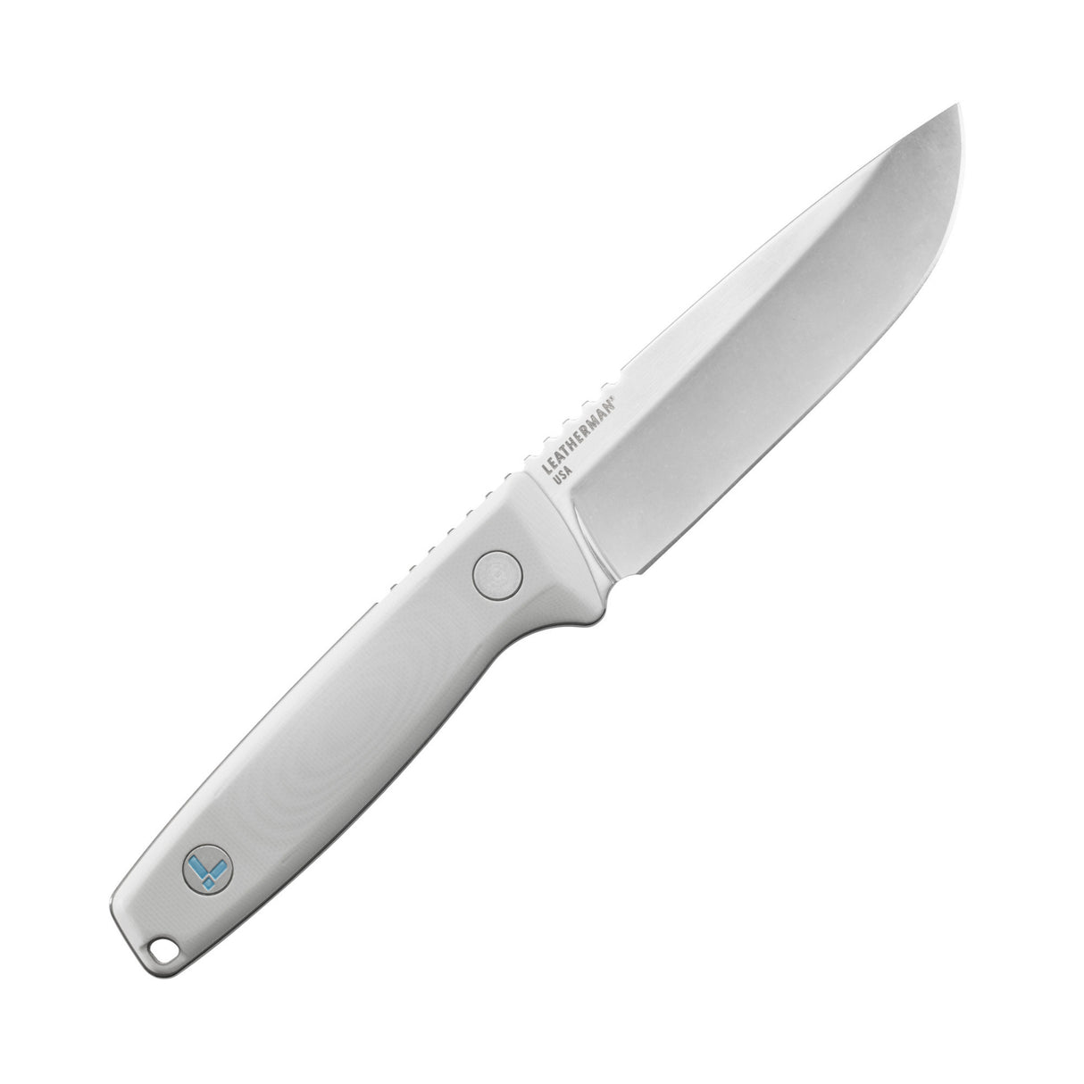 Translation missing: es.Leatherman Trac Alpine fixed-blade knife with a stainless steel drop point blade and smooth white handle featuring the Leatherman logo, displayed on a white background