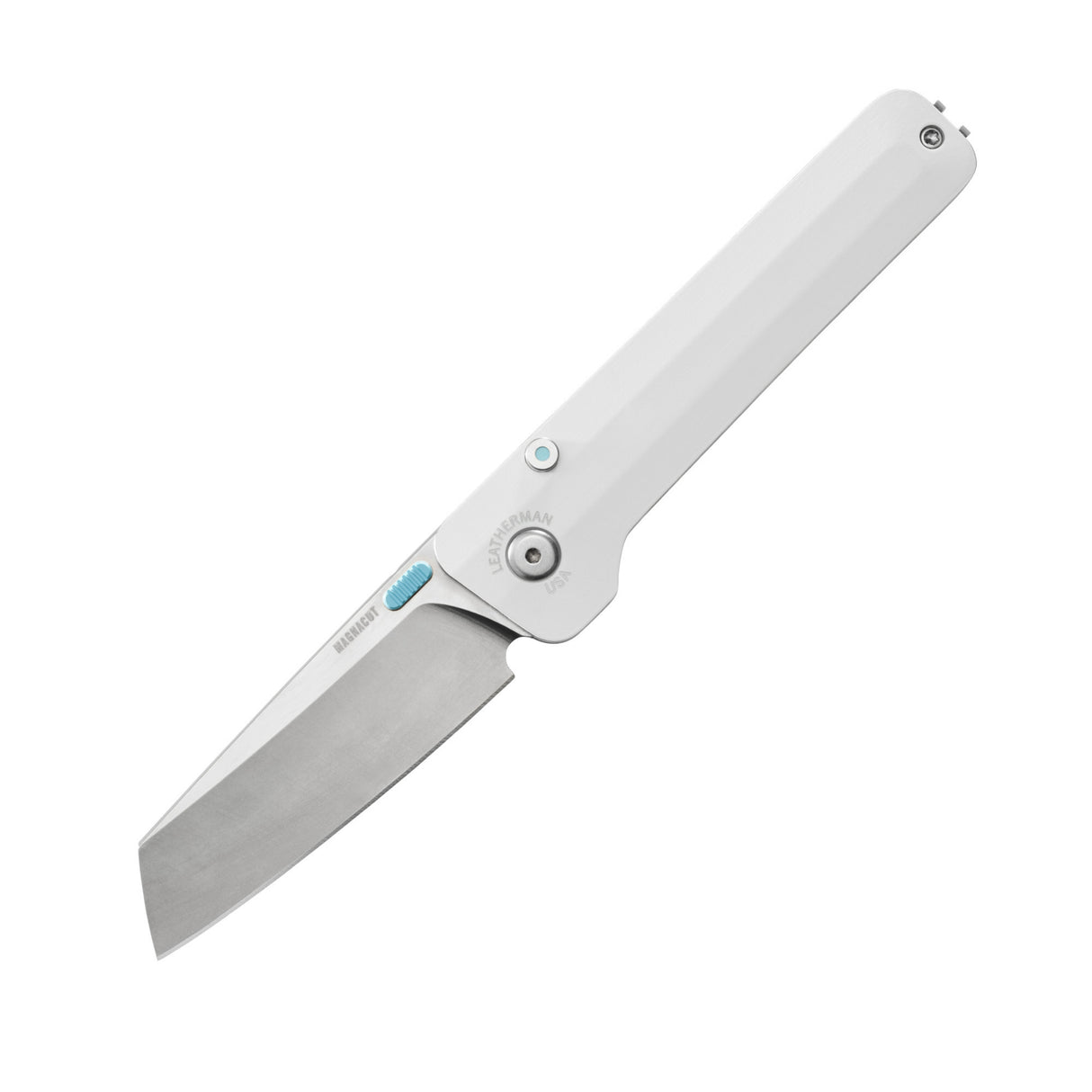 Translation missing: de.Leatherman Glider folding knife with alpine textured handle, stainless steel blade, and light blue thumb stud, shown open on a white background