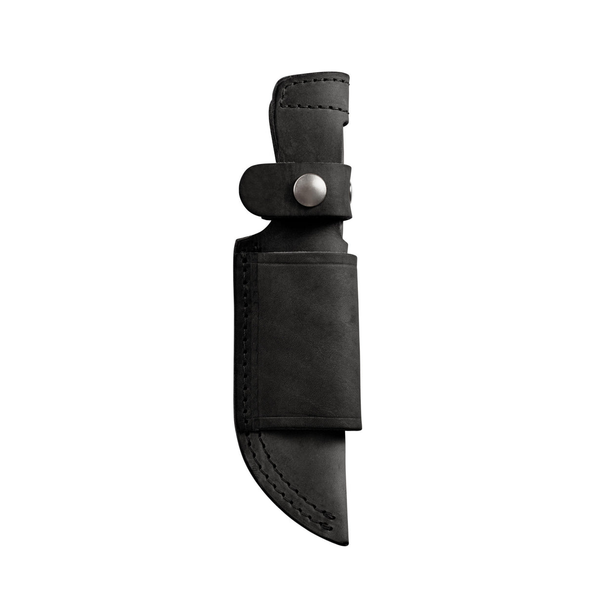 Translation missing: en.Black leather belt sheath with silver snap closures and reinforced stitching, designed to securely hold a fixed-blade knife