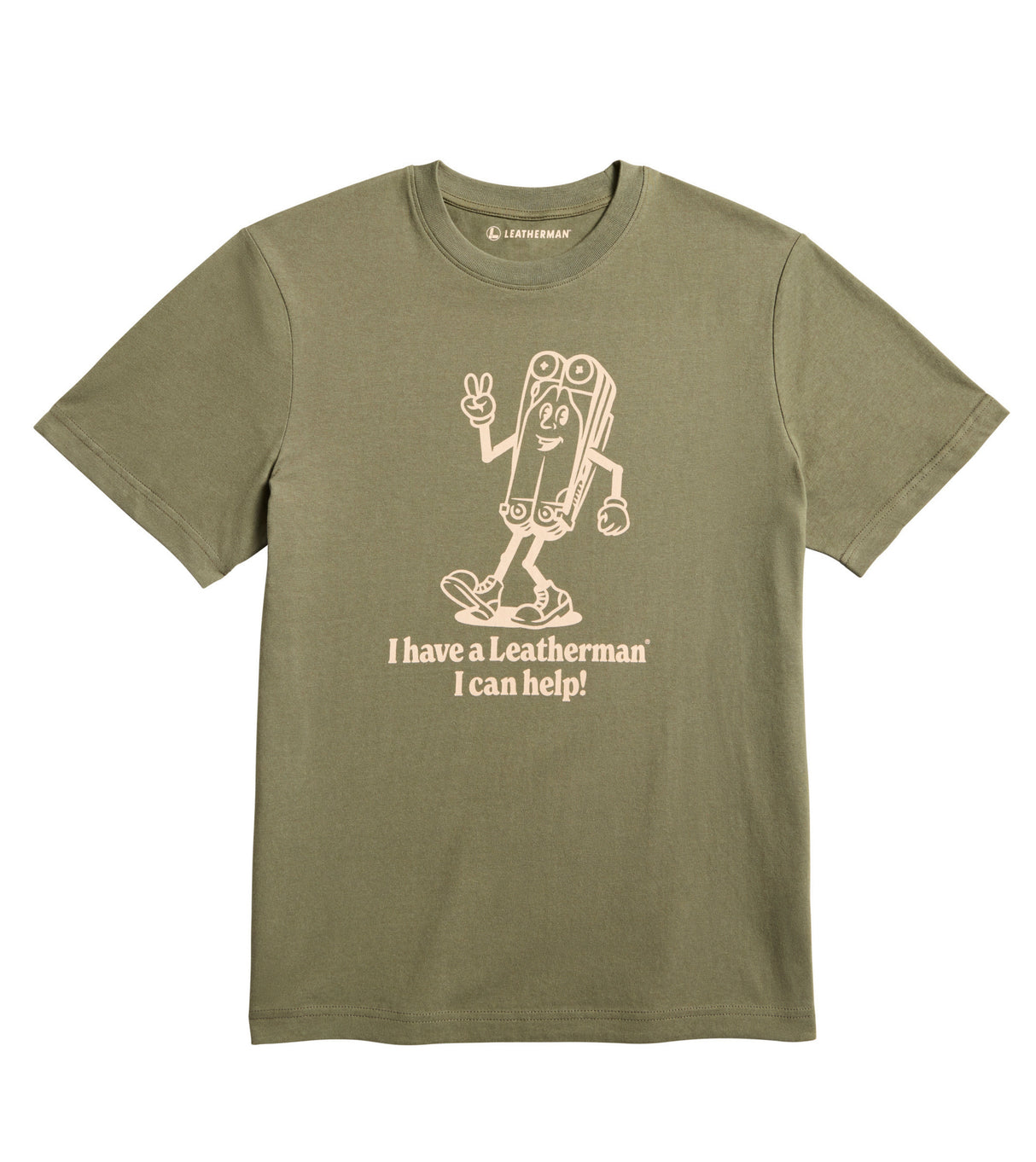 Translation missing: en.Olive khaki tee shirt with the Mr. Wave logo displaying a character based on the Wave with the slogan 'I have a Leatherman, I can help!"