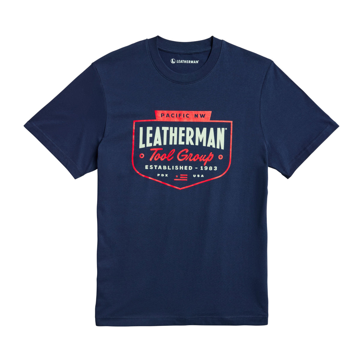 Translation missing: nl.Navy Leatherman Pacific Northwest tee with a red emblem logo. Established 1983