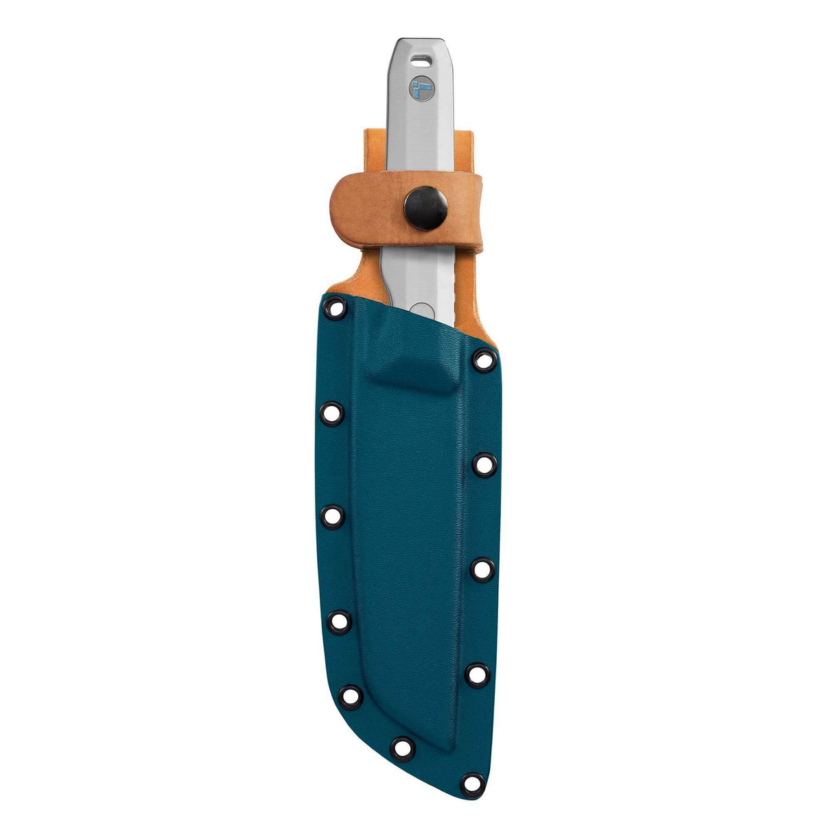 Translation missing: fr.A Leatherman Pioneer Alpine knife partially sheathed in a teal Kydex and brown leather sheath, showcasing the knife’s silver handle and integrated lanyard hole with a visible blue accent emblem