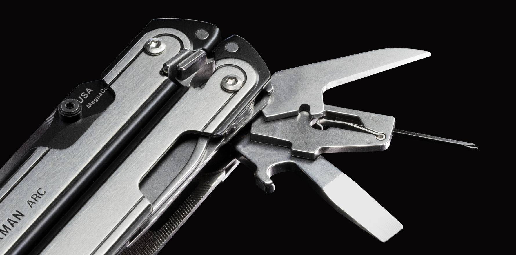 ARC displaying easy access awl, glasses screwdriver and combination flathead/bottle opener implements.