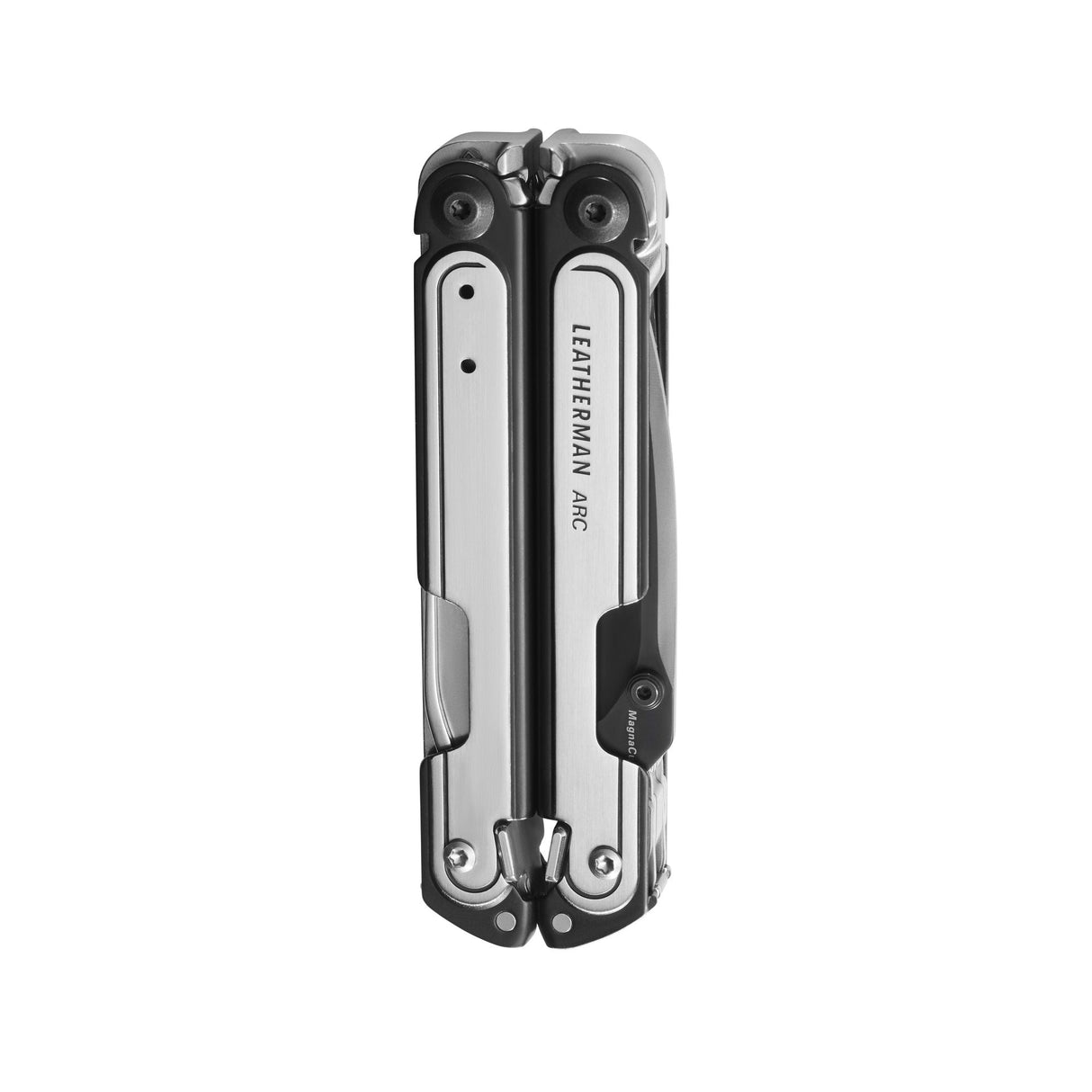 Translation missing: es.Black DLC and stainless steel Leatherman ARC® multi-tool closed showcasing its compact design