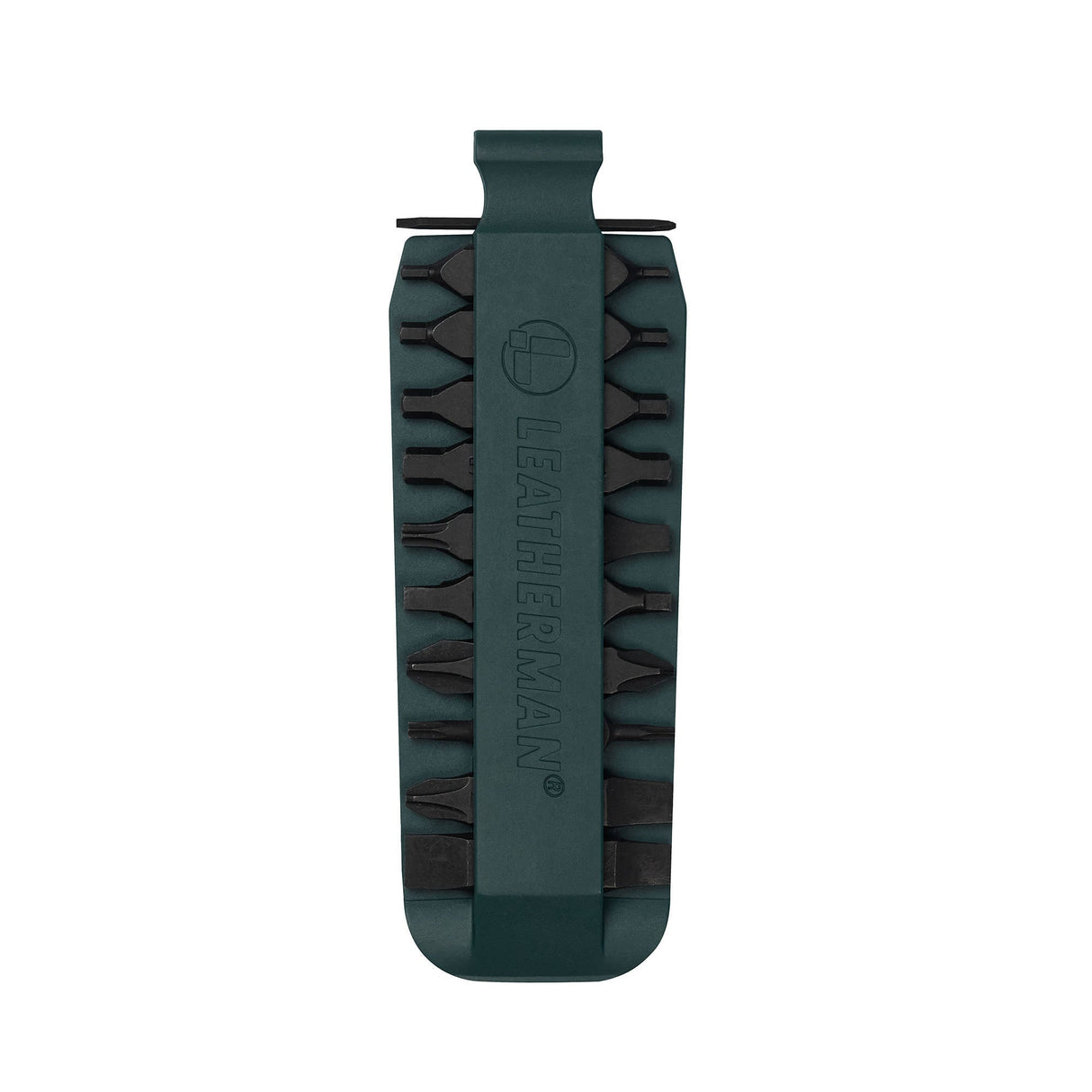Translation missing: de.Forest Green Leatherman bit kit holder with multiple interchangeable screwdriver bits arranged on both sides, featuring the Leatherman logo embossed in the center