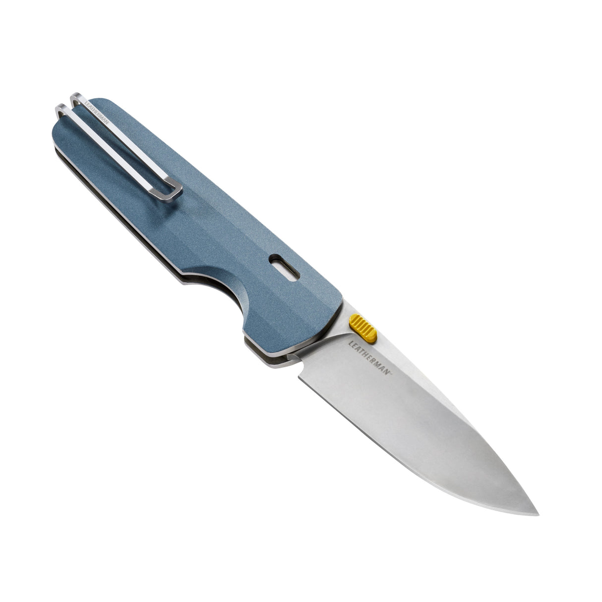 Translation missing: nl.Leatherman Blazer Denim folding knife shown open at an angle, featuring a blue textured handle with deep-carry pocket clip, yellow thumb stud, and stainless steel blade, displayed on a white background