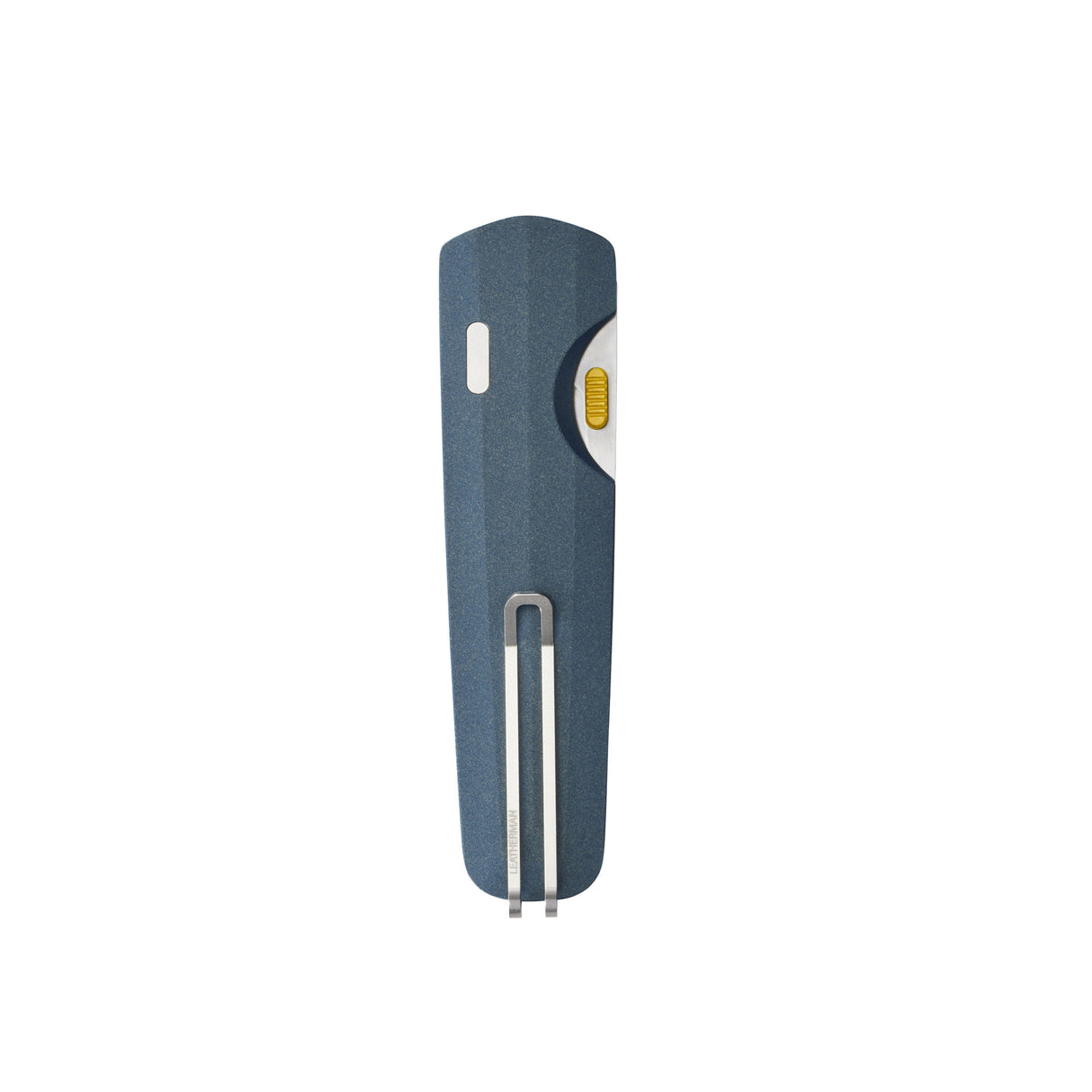 Translation missing: nl.Leatherman Blazer Denim folding knife in closed position with a blue textured handle, yellow thumb stud partially visible, and a stainless steel deep-carry pocket clip, shown on a white background