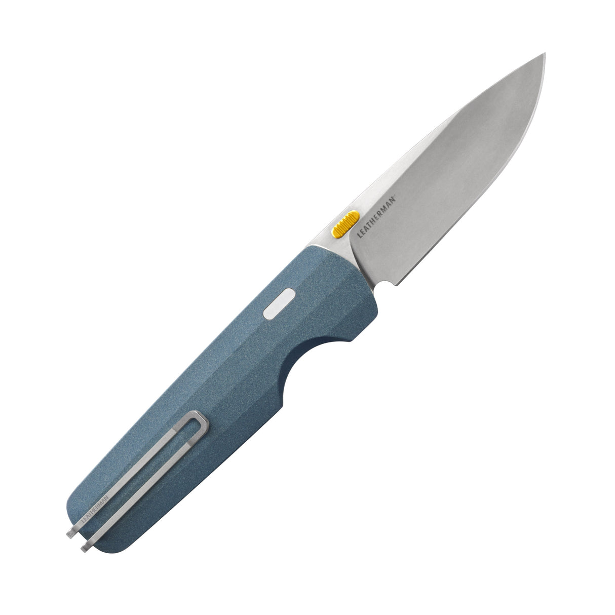 Translation missing: nl.Leatherman Blazer Denim folding knife with a blue textured handle, stainless steel blade, and yellow thumb stud, shown open on a white background